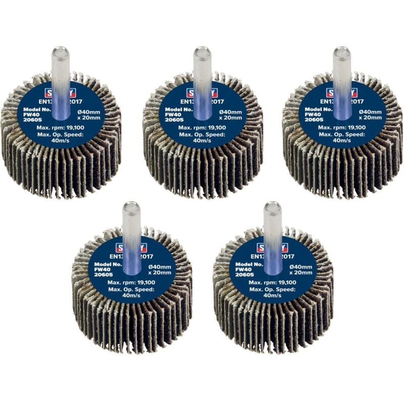 Sealey - Flap Wheel 40 x 20mm 60Grit 6mm Shaft - Pack of 5 - FW4020605