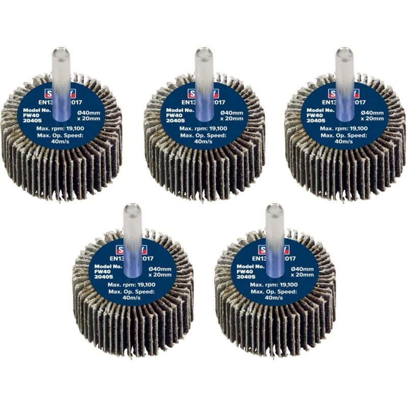 Sealey - FW4020405 40 x 20mm Abrasive Flap Wheel on 6mm Shaft 40Grit - Pack of 5