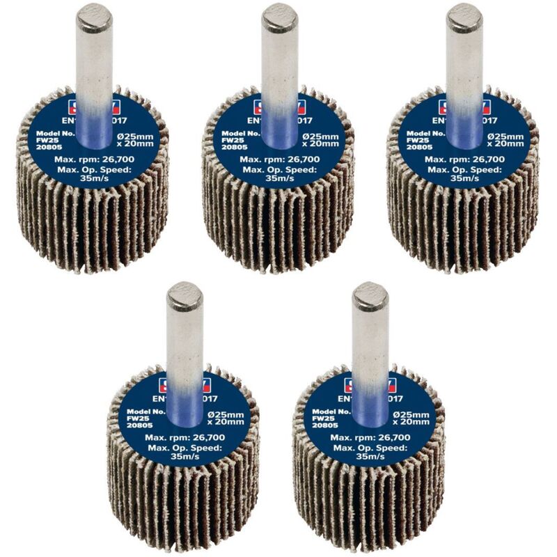 Sealey - FW2520805 25 x 20mm Abrasive Flap Wheel on 6mm Shaft 80Grit - Pack of 5