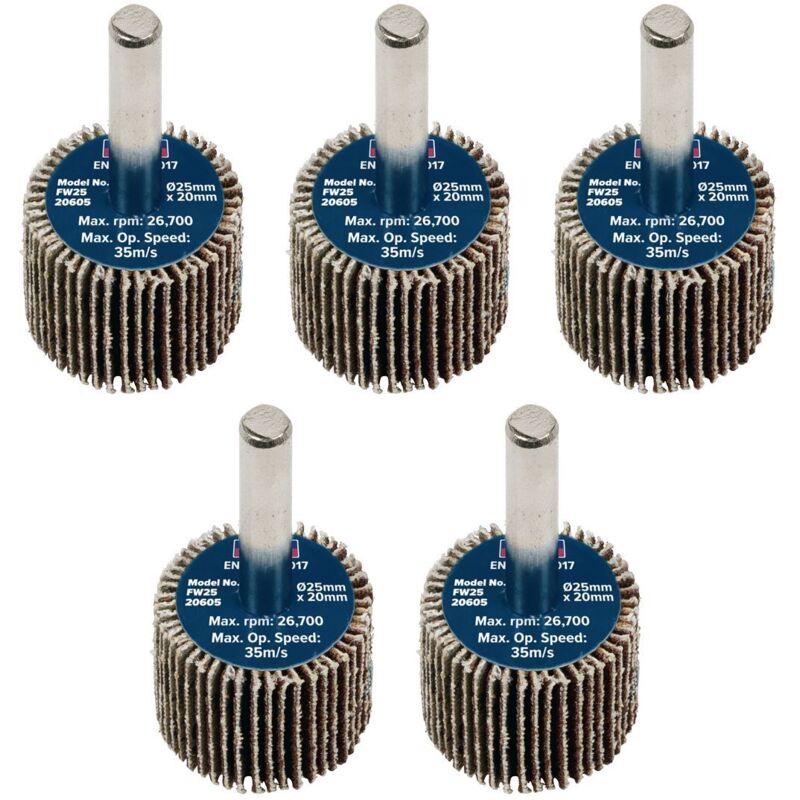 Sealey - FW2520605 25 x 20mm Abrasive Flap Wheel on 6mm Shaft 60Grit - Pack of 5