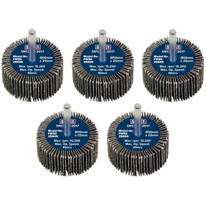 Sealey - FW5025605 50 x 25mm Abrasive Flap Wheel on 6mm Shaft 60Grit - Pack of 5