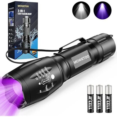 Flashlight UV - Lampe Torche LED Noir 395 nm - Blanc + Ultraviolet - Détecteur Urine Animaux - Vérification Documents - Détection Fuites AC Insectes - 1 Pièce