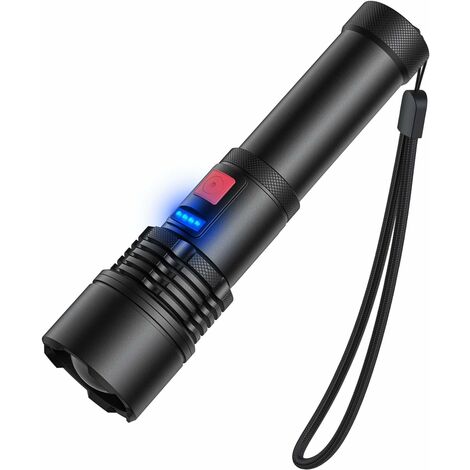 Lampe de poche, torche LED rechargeable par USB extra puissante 1000 lumens  XHP50, 5 modes IP65 zoom militaire étanche pour camping randonnée