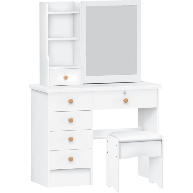 Flasidu - Coiffeuse avec chaise, miroir coulissant, 6 tiroirs et 5 étagères, blanc, 80cmx40cmx135cm.