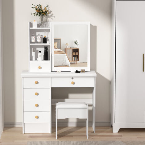 FLASIDU - Coiffeuse avec tabouret - meuble de rangement pour produits de beauté - 6 tiroirs, 5 étagères - 80×36×122 cm - blanc