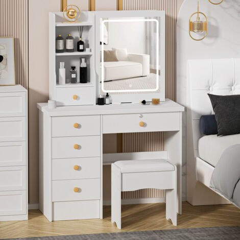 FLASIDU - Coiffeuse blanche avec miroir LED à luminosité réglable – 6 tiroirs, miroir coulissant - Dimensions 80L x 36P x 123H cm