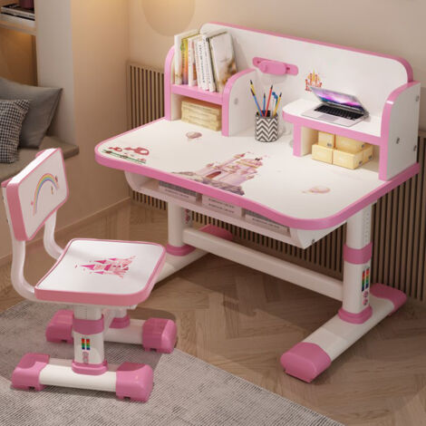 FLASIDU - Ensemble bureau et chaise pour enfants, hauteur réglable, chaise ergonomique, bureau à motif dessin animé, 75,5 × 48,5 × 101 cm, rose