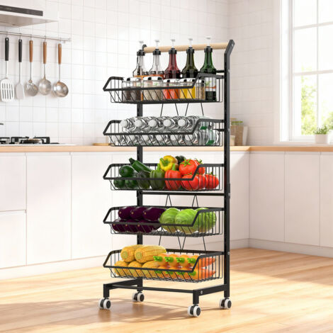 FLASIDU – Küchenregal – Servierwagen – Fünfstufiges Regal – Ideal zur Aufbewahrung von Obst, Gemüse, Gewürzen, Snacks usw. – Rahmen aus Kohlenstoffstahl – Feststellbare Rollen – Schwarz
