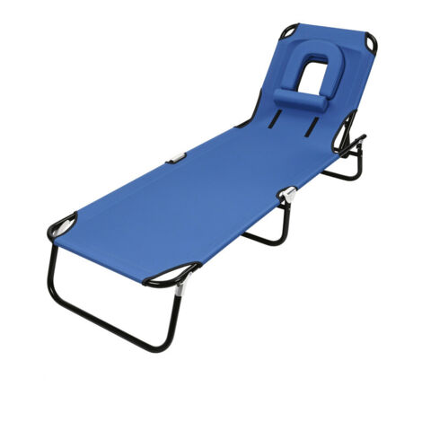 FLASIDU - Transat - Chaise longue pliante - Dossier réglable 4 positions - Coussin amovible - Ouverture pour le visage - 189×56×27 cm - Bleu