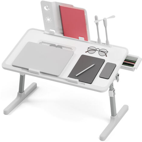 FLASIDU Verstellbarer Laptop-Schreibtisch mit Lichtventilator, faltbarer Laptop-Schreibtisch fürs Bett mit USB