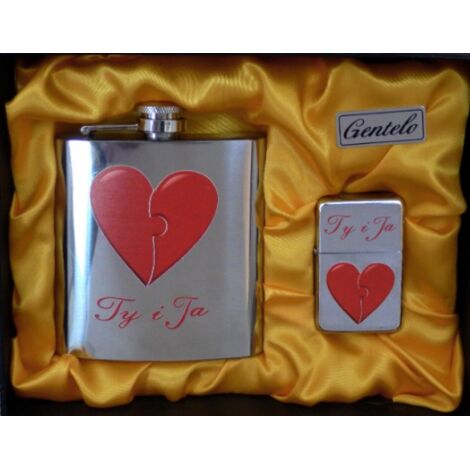 Flasque avec briquet à essence imprimé d'un cœur et de l'inscription « Toi et moi »
