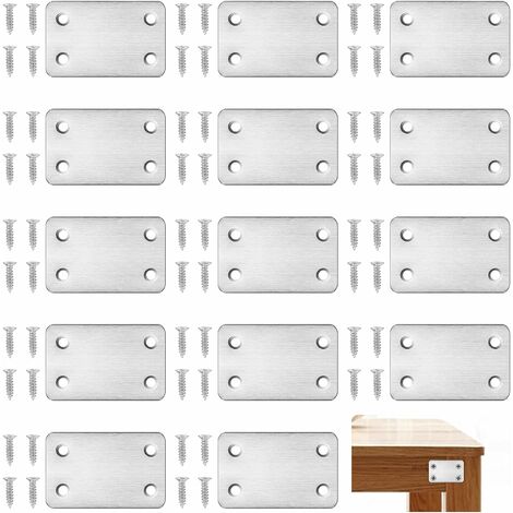 Flat Fixing Bracket, 15 Pcs Flat Corner Brackets for Fixing Furniture Storage Boards and Wood, Stainless Steel Flat Connectors Uses Rectangular Design (with 60 Screws)
