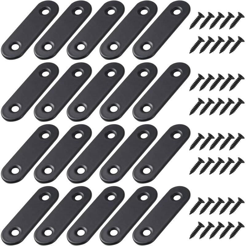 Flat Fixing Brackets, Straight Metal Brackets with Screws for Wood, Furniture, and Cabinet Repair, 50 x 16 mm, Black, 20 Pieces