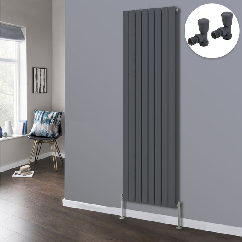 NRG - Flat Panel Designer Radiator Bathroom Central Heating Radiators Anthracite with Angled Manual Pair of Valves 1800 x 544mm Vertical Double