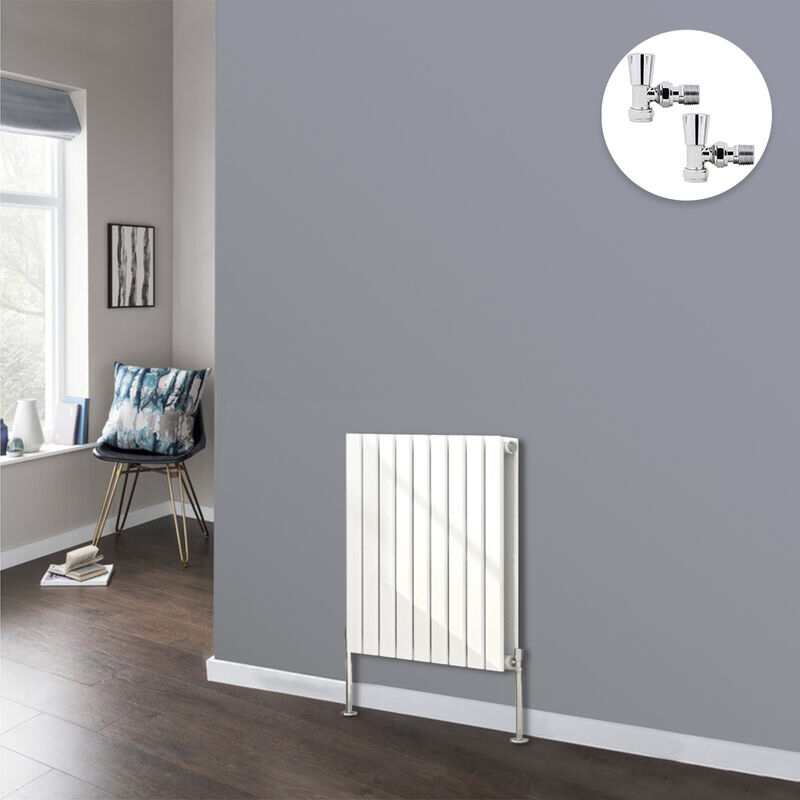 Flat Panel Designer Radiator Bathroom Central Heating Radiators White with Angled Manual Pair of Valves 600 x 612mm Horizontal Double