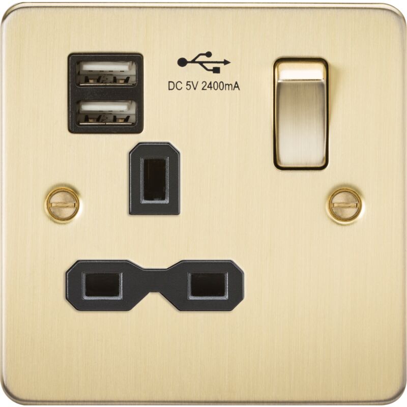 Knightsbridge - Flat plate 13A 1G Switched Socket with dual usb charger (2.4A) - Brushed Brass with Black Insert 230V IP20