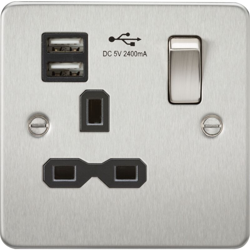 Knightsbridge - Flat plate 13A 1G Switched Socket with dual usb charger (2.4A) - Brushed Chrome with Black Insert 230V IP20