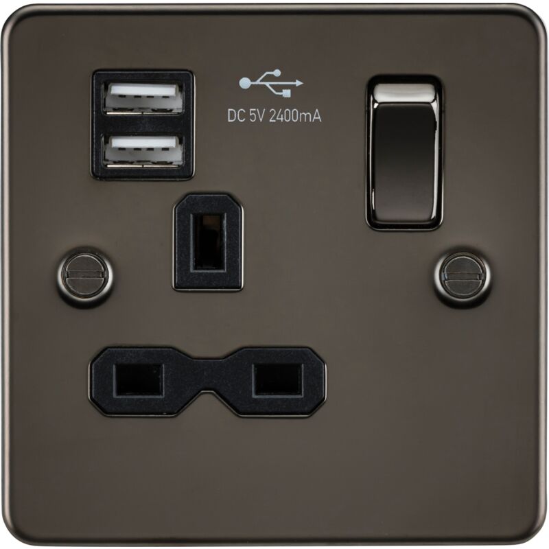 Flat plate 13A 1G Switched Socket with dual USB charger (2.4A) - Gunmetal with Black Insert 230V IP20