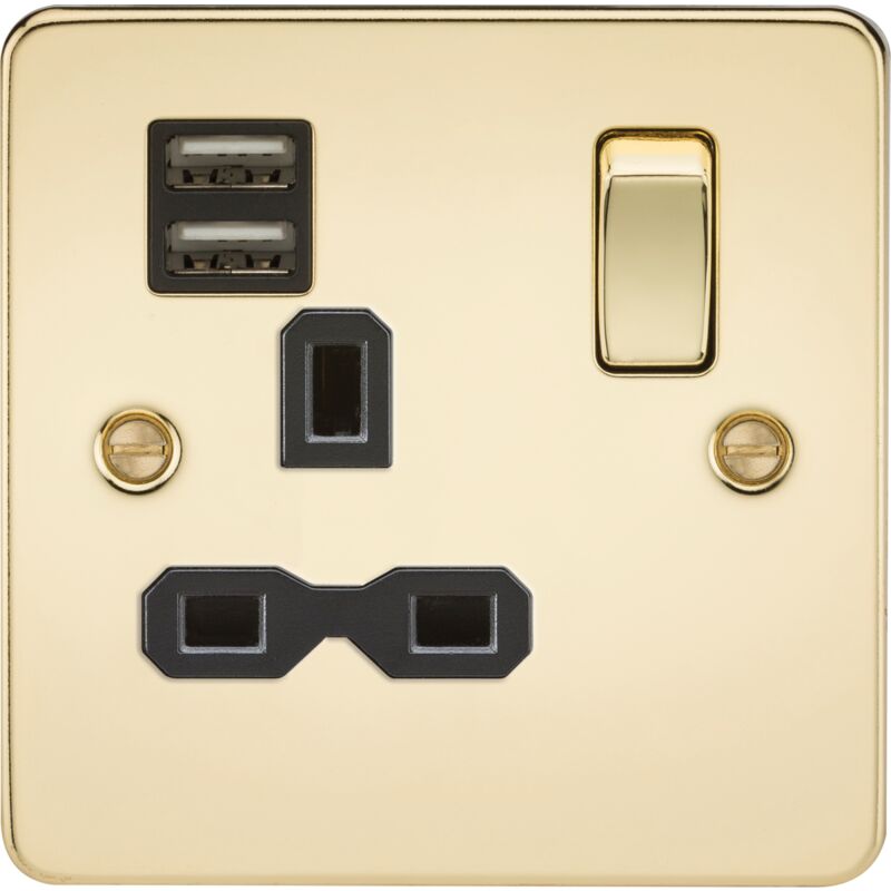 Flat plate 13A 1G Switched Socket with dual USB charger (2.4A) - Polished Brass with Black Insert 230V IP20
