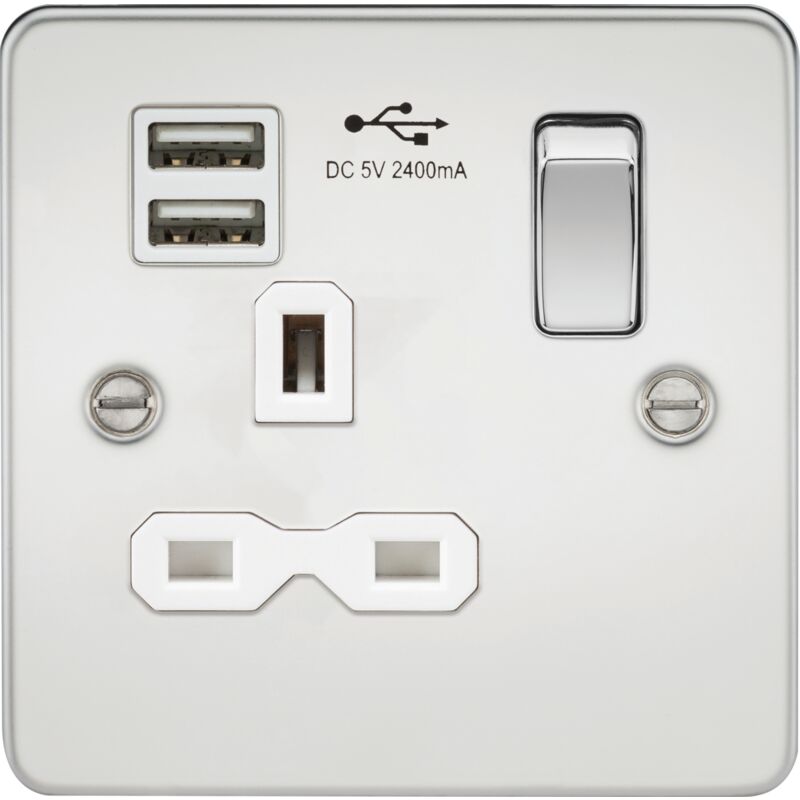 Knightsbridge - Flat plate 13A 1G Switched Socket with dual usb charger (2.4A) - Polished Chrome with White Insert 230V IP20
