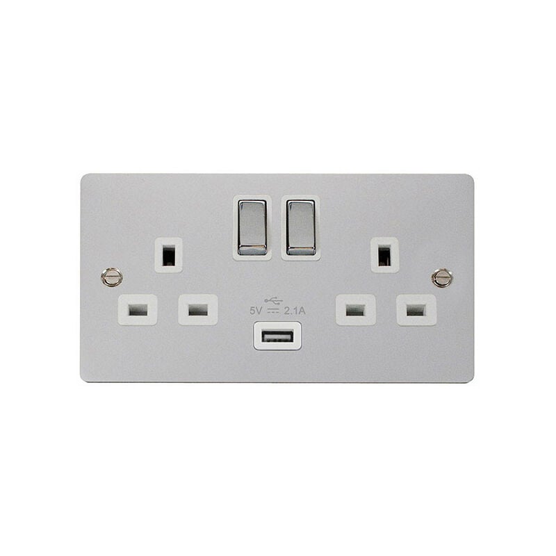 Se Home - Flat Plate Polished Chrome 2 Gang 13A dp Ingot 1 usb Twin Double Switched Plug Socket - White Trim