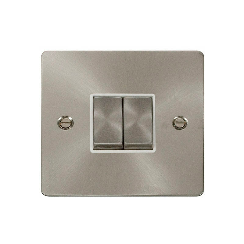 Se Home - Flat Plate Satin / Brushed Chrome 10A 2 Gang 2 Way Ingot Light Switch - White Trim