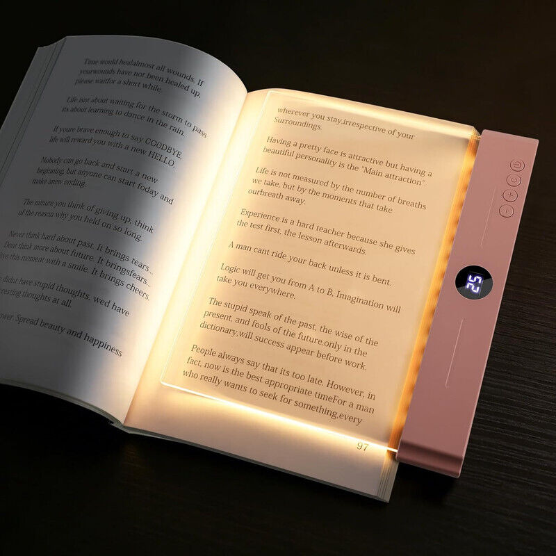 Flat, Transparent LED Reading Light – Rechargeable with 3 Color Temperatures, Timer and Adjustable Brightness, Eye Protection, Full-Page Illumination