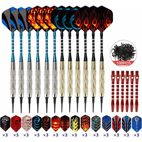 Flechette Pointe Plastique [18g], Kit de 12 Fléchettes pour Jeux de Flechettes-Électronique (42 Vols + 100 Pointes + Extra 6 des Arbres en Aluminium)
