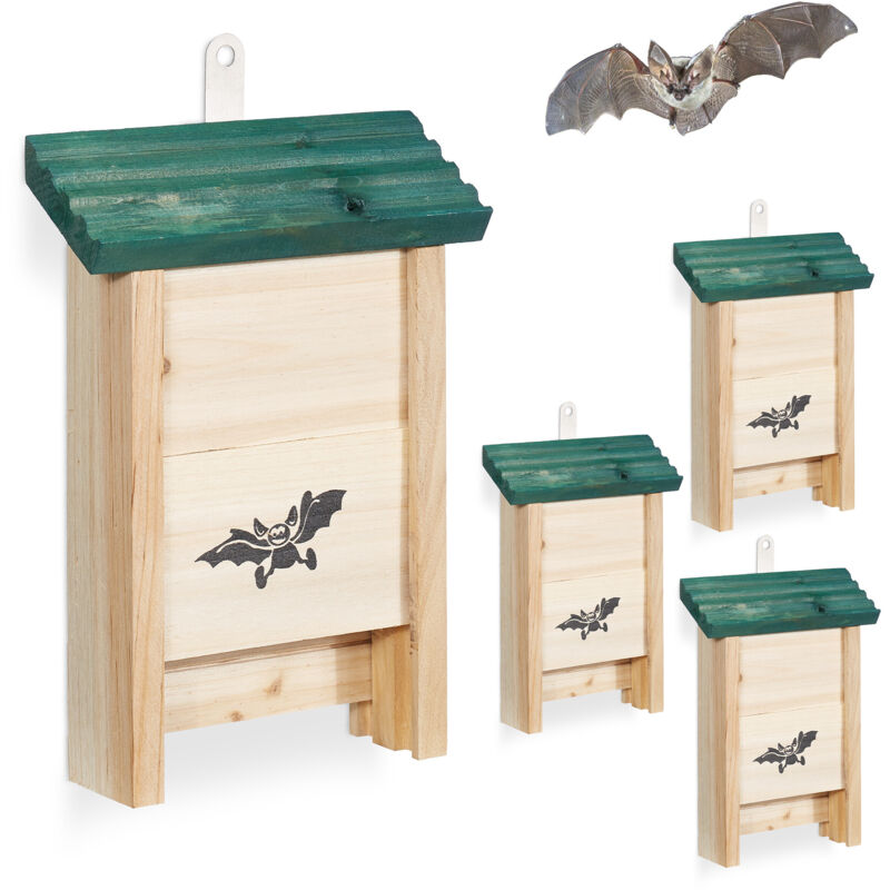 Relaxdays Fledermauskasten, 4er Set, Unterschlupf Für Fledermäuse, Unbehandeltes Holz, Hbt, 25 X 18 X 6 Cm, Natur/grün