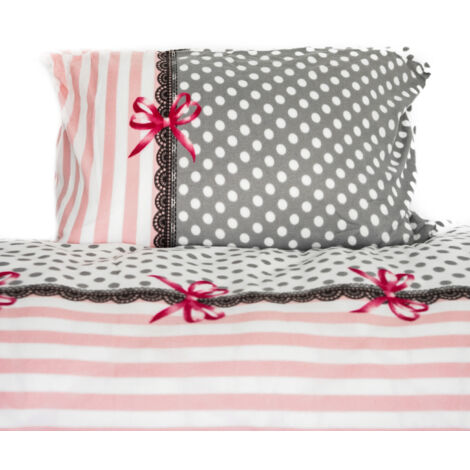 Fleece Bettwäsche aus Polyester, ca. 130 gsm, Grau-Rosa mit Schleifen Bettbezug 200x200 cm