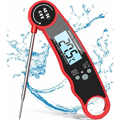Fleischthermometer Bratenthermometer Küchenthermometer, Einstechthermometer Digital, Zuckerthermometer, Grillthermometer Wasserdicht mit LCD Anzeige für Braten, Steak, Backen, Flüssigkeiten(Rot)