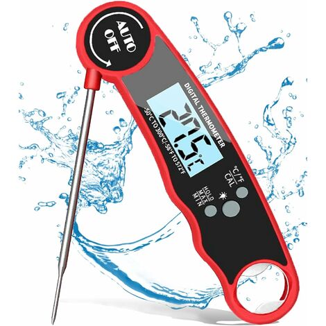 Fleischthermometer Bratenthermometer Küchenthermometer, Einstechthermometer Digital, Zuckerthermometer, Grillthermometer Wasserdicht mit LCD Anzeige für Braten, Steak, Backen, Flüssigkeiten(Rot)