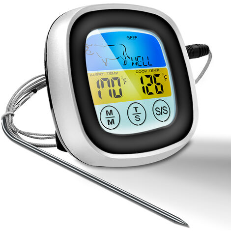Fleischthermometer Touchscreen Lebensmittel Grillthermometer BBQ Grill Smoker Thermometer Timer Alert Kochen Backofen Digital Thermometer Schwarz