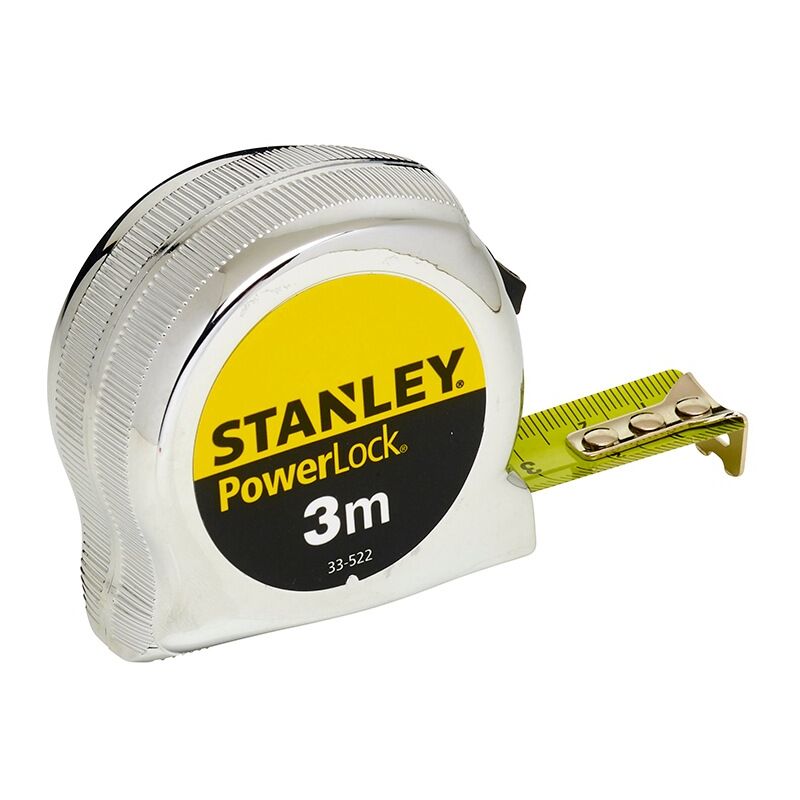 Image of Flessometro cromato Stanley power lock metro rullina con gancio 3 metri
