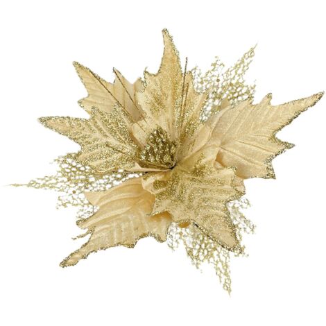 Fleur à Paillettes de Noël, Poinsettia Authentique avec Clips pour Bricolage, Couronne de Noël, Décoration de Fête à Domicile de Vacances (220627LW03-3)