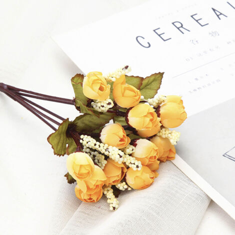 Fleur Artificielle Fausse Rose Bud Simulé Mini Rose avec Perle en Soie Jaune pour Décoration d'Arrangement floral