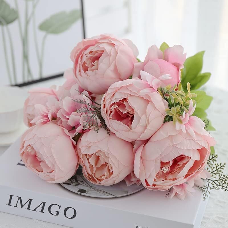 1 Pack Faux Bouquet de pivoines, 19'' Soie Grandes Fleurs de pivoines avec bourgeons pour la décoration de Bureau de réunion de Famille de Mariage,