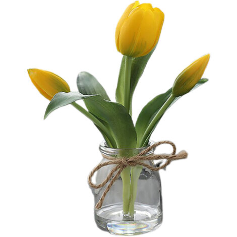 Fleur artificielle Tulipes jaunes dans vase aquatique, décoration pour salon et intérieur, parfaite pour ornement de maison.