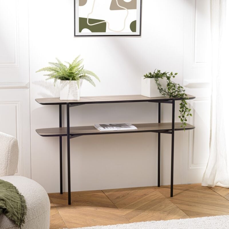 Macabane - fleur - Console double plateau 120x33cm couleur mocha pieds métal noir