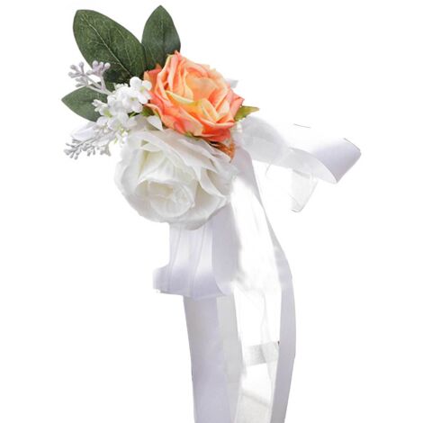 Fleur de Dos de Chaise de Simulation de Roses, Fleurs de Dos de Chaise de Mariage Floral Rose avec des Feuilles et des Rubans (X)