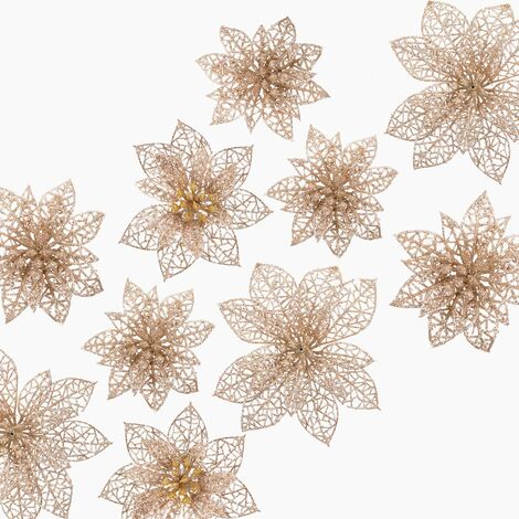 Fleur de Noël , 24 Pièces Ornement Fleur Paillette pour Arbre de Noël, Objet Decoratif Noël 3 Tailles 8/10/15CM-Couleur Champagne