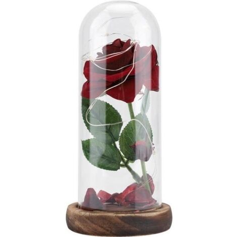 Fleur Éternelle - LED - Rose Rouge - Couvercle en Verre - Base en Bois - Cadeau Romantique