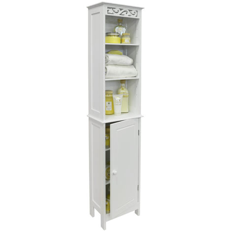 FLEUR - Floor Standing Tall Bathroom Storage Cupboard with Open Shelves - White - White