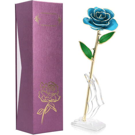 Fleur Rose Plaquée Or 24K Bleu Ciel pour Décorations Saint-Valentin et Artisanat
