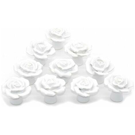 Fleur Rose Poignée de porte en céramique Commode Armoire de cuisine Placard Tiroir Poignées Lot de 10 pack,Blanc