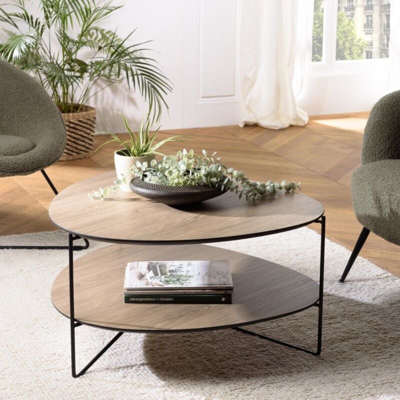 Macabane - fleur- Table basse 2 plateaux forme ovoïde couleur mocha pieds métal