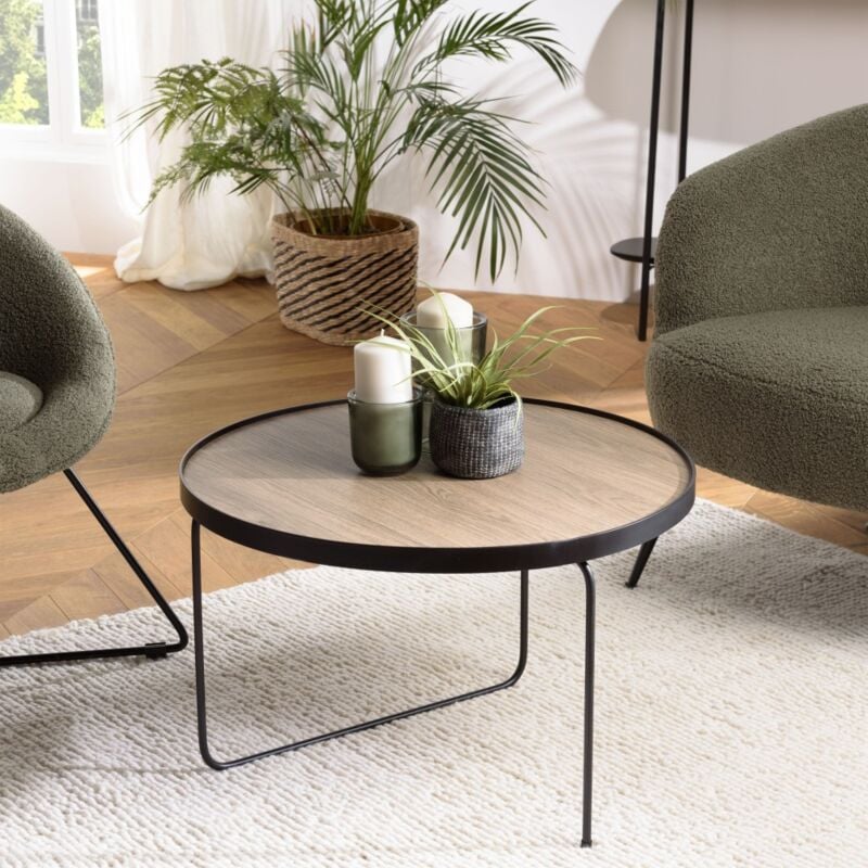 Macabane - fleur - Table basse ronde 60x60cm mocha pieds asymétriques métal noir