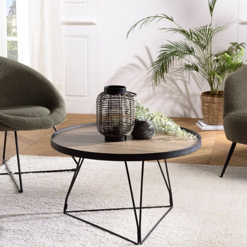 Macabane - fleur - Table basse ronde 70x70cm mocha pieds épingles métal noir