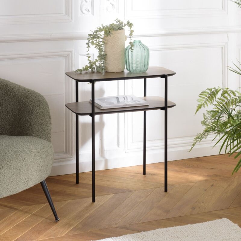 Macabane - julia - Table d'appoint double plateau couleur mocha pieds métal noir