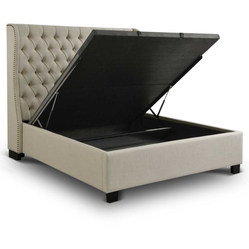 Mobilier Deco - fleura - Lit capitonné avec coffre de rangement en tissu lin beige 160x200 cm